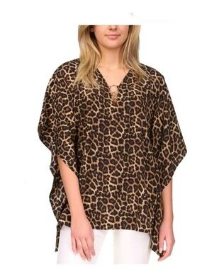 MICHAEL KORS Women’s Animal Print Short Sleeve V Neck Poncho Blouse Size L/XL